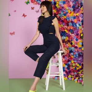 New York & Company Eyelet Cutout Jumpsuit - NAVY, Size Large — Like New
